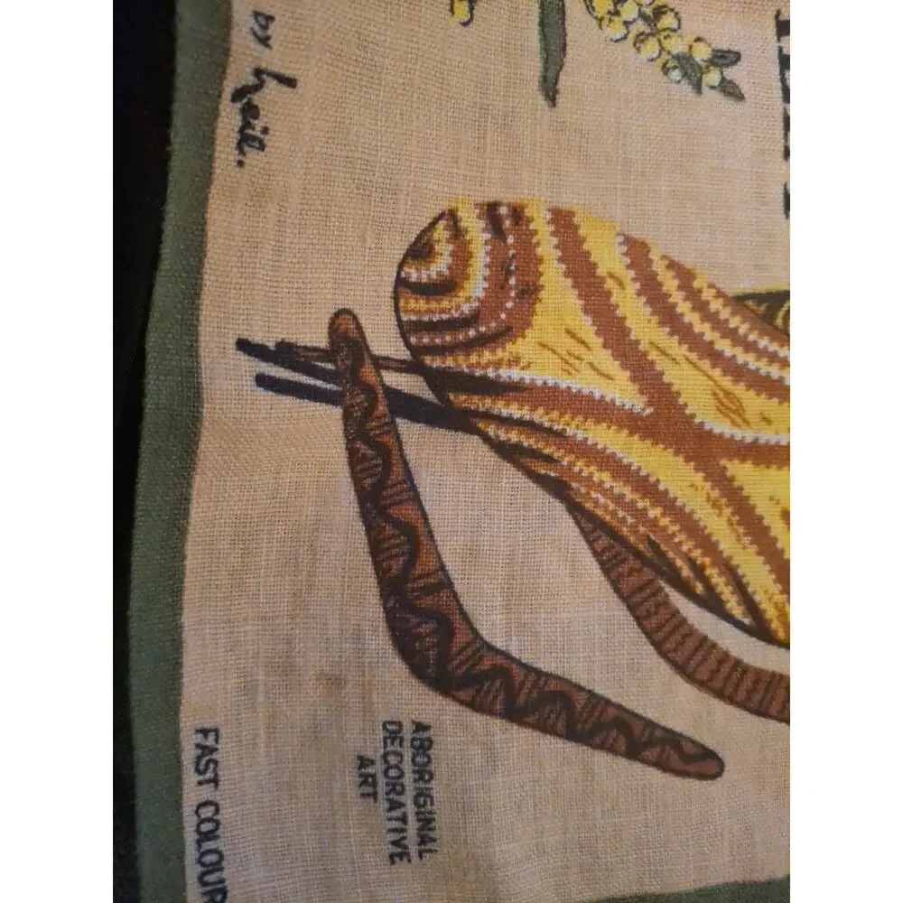Australian, Hand Painted, Tea Towel Made In POLAND Signed Neil Pure Linen Vtg.